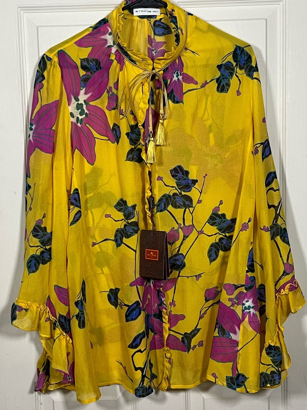 NWT ETRO Silk Floral Blouse Gold Yellow Pink Ruffle Tie Neck IT 48, size 12